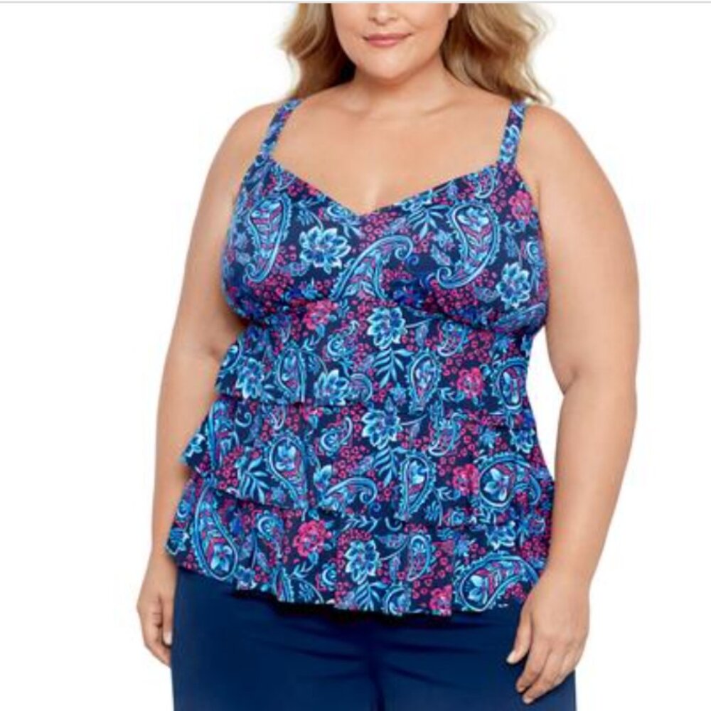 Swim Solutions Plus Size Triple Tier Printed Tankini Multicolor Size 18W 7172